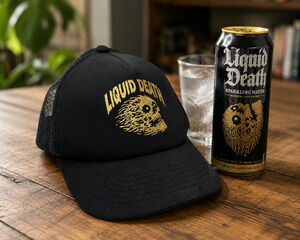 Liquid Death Black Mesh Trucker Snapback Gold Skull Logo NWOT